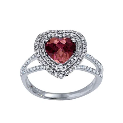 Anel de ouro branco 18k com turmalina e diamante rubélita rosa halo - Imagem 1 de 3