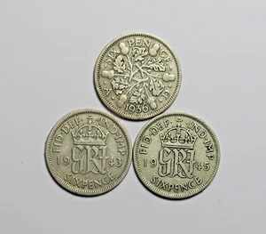 GREAT BRITAIN : SILVER SIXPENCE x 3. 1936, 1943 & 1945. 0.500 SILVER. FREE SHIP - Picture 1 of 2