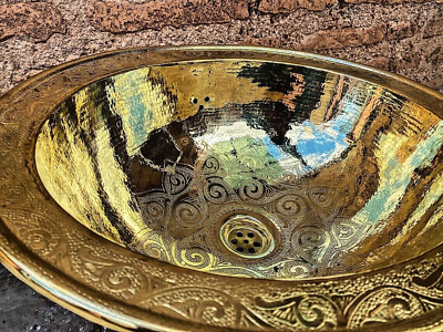 Handmad Engraved Brass Sink Hammered, Marrakech Decor Style Vintage Brass Sink • 247.40€