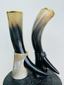 Set of 2 Real Buffalo Horn Mug beer drinking mug with stand Viking style - Picture 1 of 6