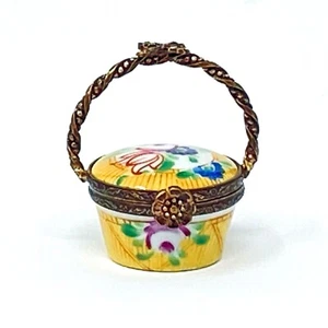 Vintage Limoges Yellow Floral Basket Box with Bow Brass Handle and Flower Clasp - Picture 1 of 11