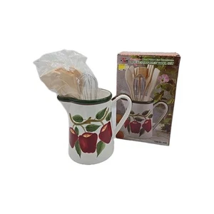 Apple Ceramic Kitchen Pitcher + 6 Piece Wood Tool Set Hand Painted Farmhouse - Picture 1 of 18