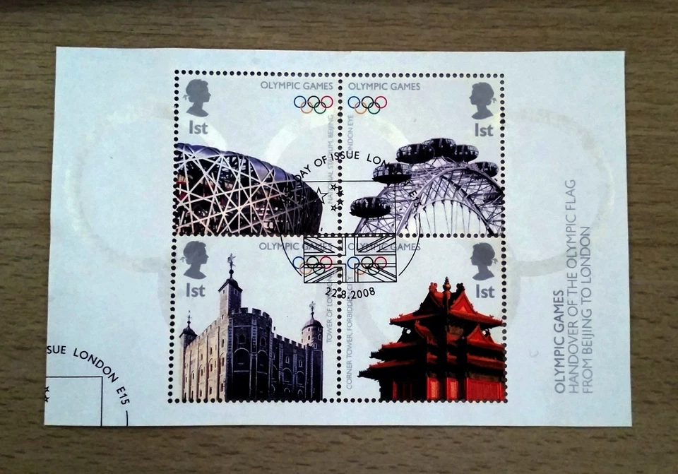 GB QEII Comm. Stmps. Entrega de Juegos Olímpicos 2008 (SG MS2861). Mini hoja ex FDC Foto 1 de 1