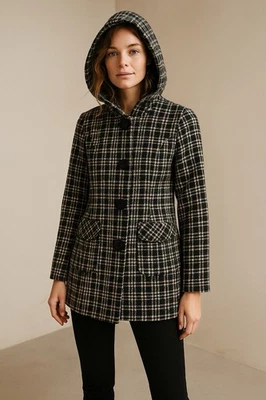 Nick & Mo Jacket Women's Small White Black Plaid Wool Pockets Long Sleeve Hooded - Image 1 of 4