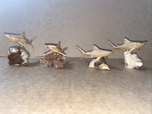 2 SHARKS — 2 HAMMER HEAD SHARKS ON DRIFTWOOD ROOT BASE HAND CARVED WOOD NAUTICAL - Picture 1 of 4