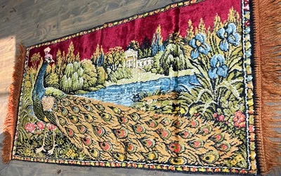 Vinatge Peacock Wall Hanging Velvet Art Tapestry Beautiful - Image 1 of 4