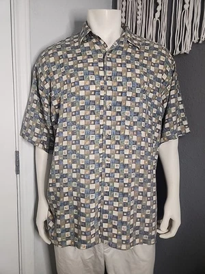 Vintage Pierre Cardin Shirt Mens XL  Beige Blue & Green Geometric Print 90s Art - Image 1 of 4
