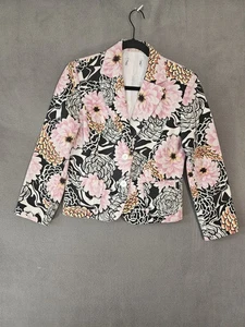 Boho Womens Small Blazer Jacket Black Pink Floral Fitted Single Button - Picture 1 of 9