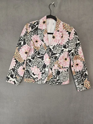 Chaqueta Blazer Boho Mujer Pequeña Negra Rosa Floral Ajustada Botón Único  Foto 1 de 4