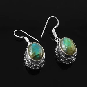 925 Sterling Silver Blue Fire Labradorite Gemstone Jewelry Vintage Earring - Picture 1 of 3