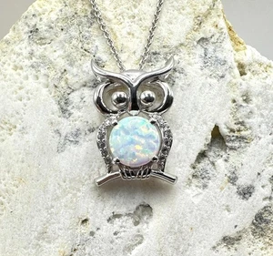 Opal Eule Anhänger Halskette weißer Saphir 0,925 Sterlingsilber 18 Zoll - Bild 1 von 2