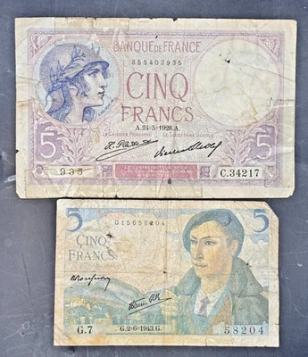 1940 France 5 Francs Note & 1943 France 5 Francs Note - Circulated - Image 1 of 2