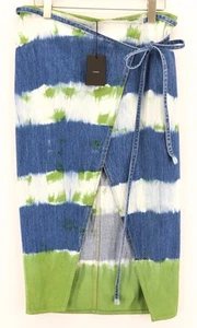 ALANUI Magic Journey Women Skirt L Cotton Navy Olive Tye-Dye Wrap Jean Mid - Picture 1 of 9