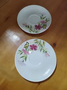 Red Wing Pink Spice Saucers Lot Of 2 Butterfly Flowers Hand Painted Has Chip - Picture 1 of 8