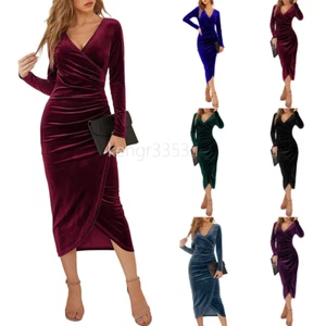 Womens Velvet Long Sleeve Dress Bodycon V Neck Party Lady Ruched Dresses UK 6-16 - Picture 1 of 29