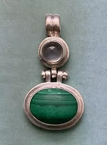 Sterling Silver Necklace Pendant with Malachite and Moonstone Stamped 925 - Picture 1 of 11