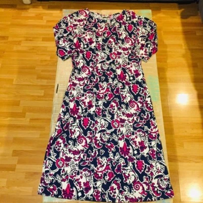 Vintage 1980s Diane Von Furstenberg Shirt Dress 8 navy blue white fuchsia - Image 1 of 4