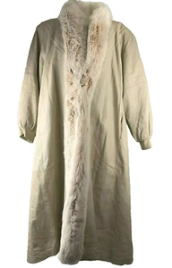 Vintage 80s Full Length Trench Coat Lamb Leather Fox Collar Womens M Ivory - Picture 1 of 6