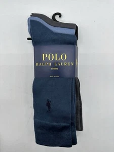 NEW 3 PAIR PACK POLO RALPH LAUREN MENS CREW SOCKS SIZE 6-12.5 BLUE / GREY - Picture 1 of 4