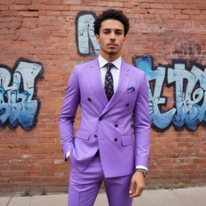 Men's Double Breasted Suit Lavender Purple 2 Piece Suit Slim fit Office Suit Set - Picture 1 of 6