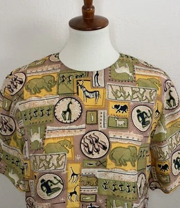 Vintage Diane Gilman 100% Silk Blouse Egyptian Print Pull Over Short Sleeve M - Picture 1 of 10