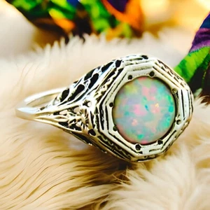 VINTAGE STYLE 925 STERLING SILVER SOLITAIRE LAB-CREATED OPAL FILIGREE RING #432 - Picture 1 of 3