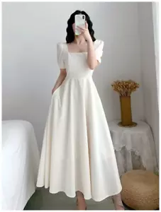 (2XL, WH )Women Dress Bubble Sleeve Square Neck Style Long Skirt Summer Casual - Picture 1 of 11