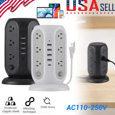 NEW Tower Surge Protector Power Strip Multi Socket w/ 12AC Outlets & 5 USB Ports - Image 1 of 4