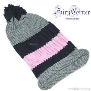 berretto donna lana merinos righe grigio blu rosa - maglia artigianale - Foto 1 di 1
