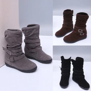 New Women Pull On Buckle Mid Calf Boots Flat Heel Round Toe Casual Comfort Shoes - Picture 1 of 7