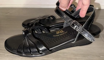 SAS Strappy Sandals Shoes Women's Size 8.5 W Wide Black Patent Leather Wedge EUC - Image 1 of 4