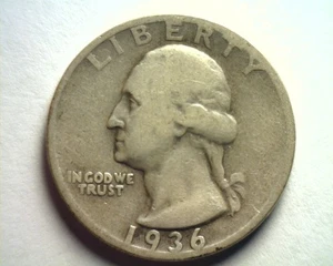 1936-S WASHINGTON QUARTER FINE F NICE ORIGINAL COIN FROM BOBS COINS FAST SHIP - Picture 1 of 2