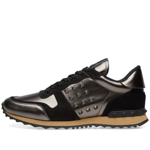 VALENTINO GARAVANI Trainers Size 41 Rockstud Detail Metallic Leather Black Suede - Picture 1 of 6