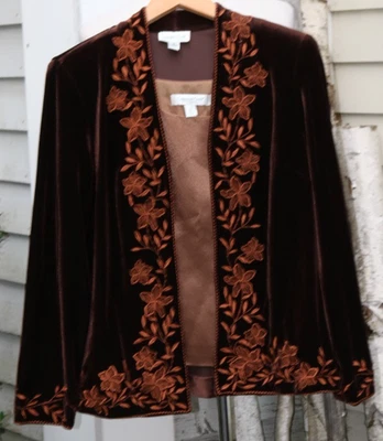 Coldwater Creek Chaqueta de Terciopelo Bordada Marrón con Conjunto de Camiseta sin Mangas Bronce Satinado Talla 6 Foto 1 de 4