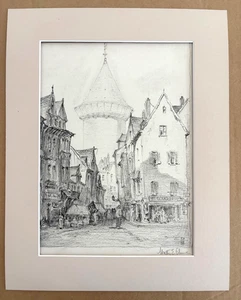 Antique Matted 1920s Walter Church Landscape Pencil Drawing, France(?), EUC - Picture 1 of 2