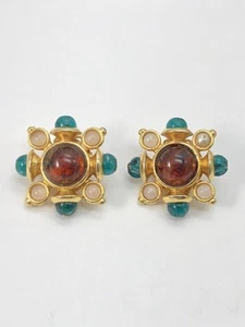 Vintage Barrera Signed Clip on Earrings w/ Maltese Cross Style Design *As Is* - Picture 1 of 12