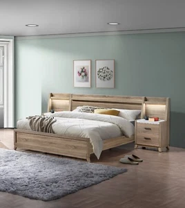 Rustic Light Brown Finish Queen Size Bed w Panel LED Light Nightstand 3pc Set - Picture 1 of 8