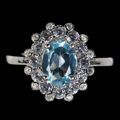 925 Anello Argento Sterling Ovale Topazio Blu 8x6mm Gemma Gioielli Misura 6 - Immagine 1 di 4