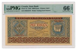 CROATIA banknote 5000 Kuna 1943 PMG MS 66 EPQ Gem Uncirculated - Picture 1 of 7