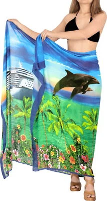 LA LEELA Sheer Chiffon Hawaii Beach Wrap Sarong Digital 78"X39" Bright Blue_1340 - Image 1 of 3