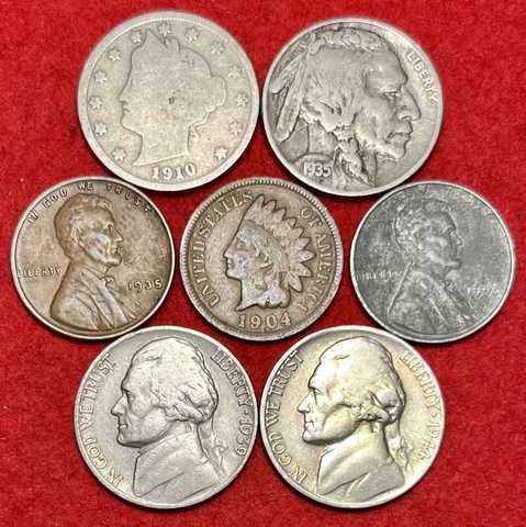 (7) US Coin Lot Liberty Head Buffalo Silver War Nickels Indian Head Wheat Cents Cover