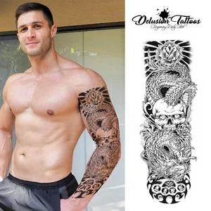 VOLLARM TEMPORÄRES TATTOO REALISTISCHES ""LEBEN"", SCHÄDEL, DRACHE, HERREN, DAMEN - Bild 1 von 1