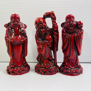 3 Vintage Heavy Resin Red Painted Chinese Figurines Prosperity Longevity Blessin - Picture 1 of 6