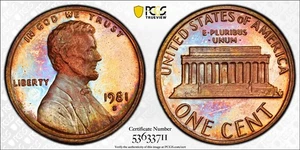 PR64RB 1981-S (Type 1) 1C Lincoln Memorial Proof Cent, PCGS Trueview- Toned - Picture 1 of 3
