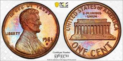PR64RB 1981-S (Type 1) 1C Lincoln Memorial Proof Cent, PCGS Trueview- Toned - Image 1 of 3
