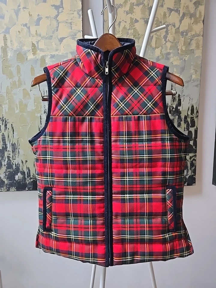 J. Crew Tartan клетку горы пуховик бархата отделки жилет Sz маленький H2712 Rt $138 - Изображение 1 из 4