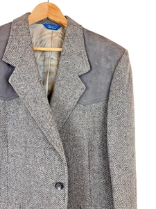 Vintage Pendleton Western Blazer Size 46 Wool Leather Shoulders Elbows Tweed SEE - Picture 1 of 12