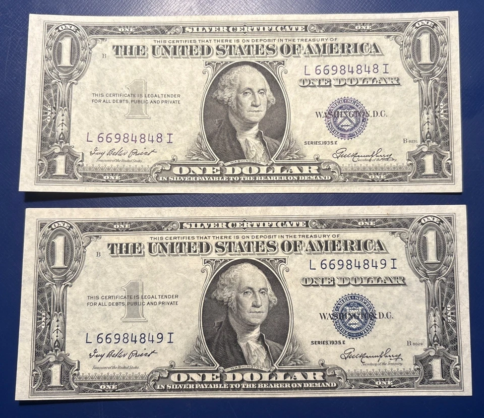 (2) 1935 E Silver Certificates w/ Sequential Serial Numbers $1 *Nice Condition* - Image 1 of 2