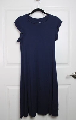 Three Dots Short Flutter Sleeve Jersey Knit Dress Navy Blue Flared Skirt Size M - Image 1 of 4