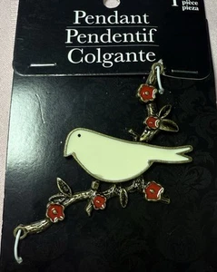 White Enamel Bird Perching On Red Flowers Pendant For Necklace - Picture 1 of 6